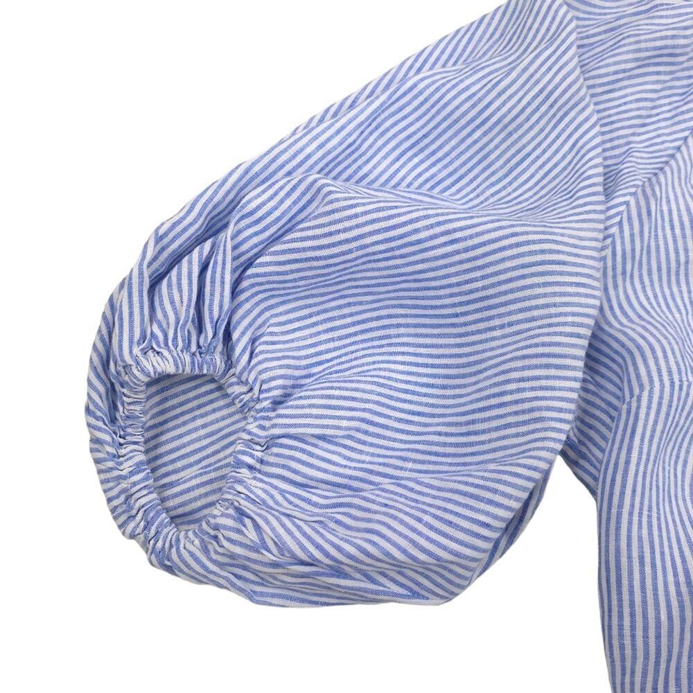 Jonathan Simkhai Puff Sleeve Linen Wrap Shirt Cove Stripe - Picture 6 of 9